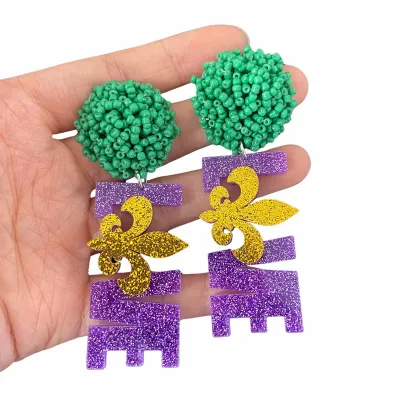 Mardi Gras Prom Party Exaggerated Tricolor Letters Beige Fat Tuesday Stud Earrings