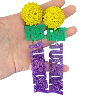 Mardi Gras Prom Party Exaggerated Tricolor Letters Beige Fat Tuesday Stud Earrings