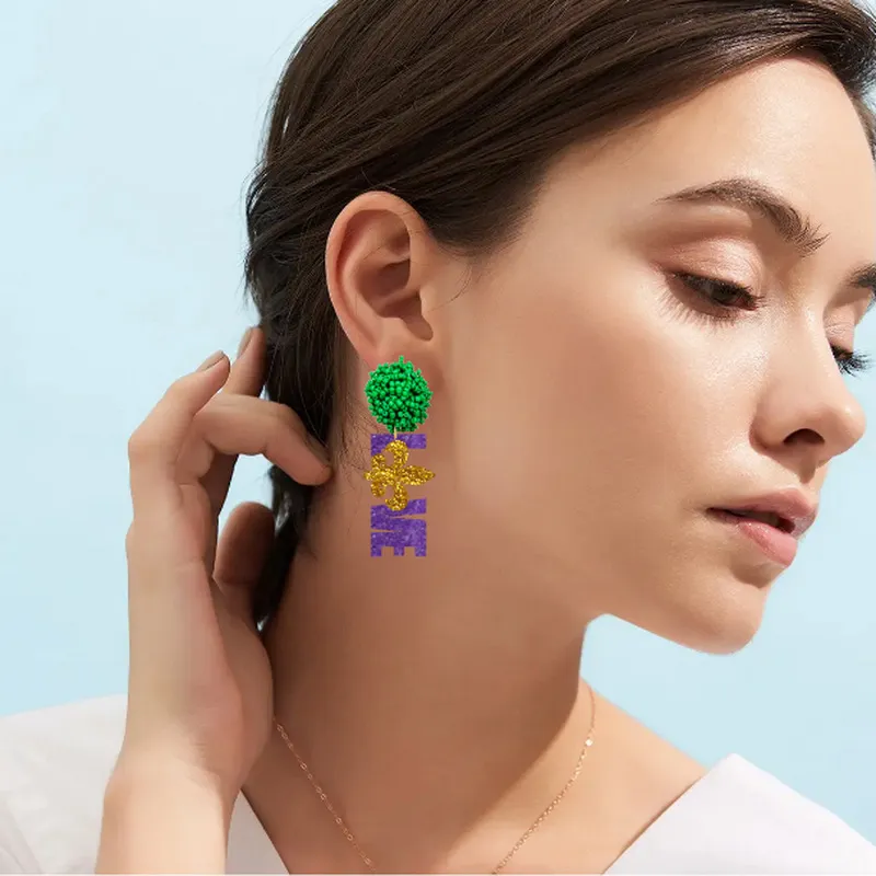 Mardi Gras Prom Party Exaggerated Tricolor Letters Beige Fat Tuesday Stud Earrings