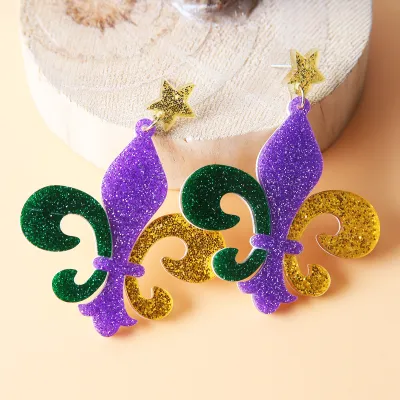 Mardi Gras Women Exaggerated Tricolor Carnival Lobster Clown Hat Mask Earrings