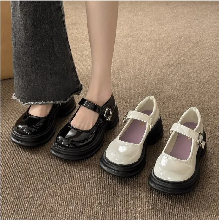 Women's Fashion Black PU Platform Loafers with Velcro Closure