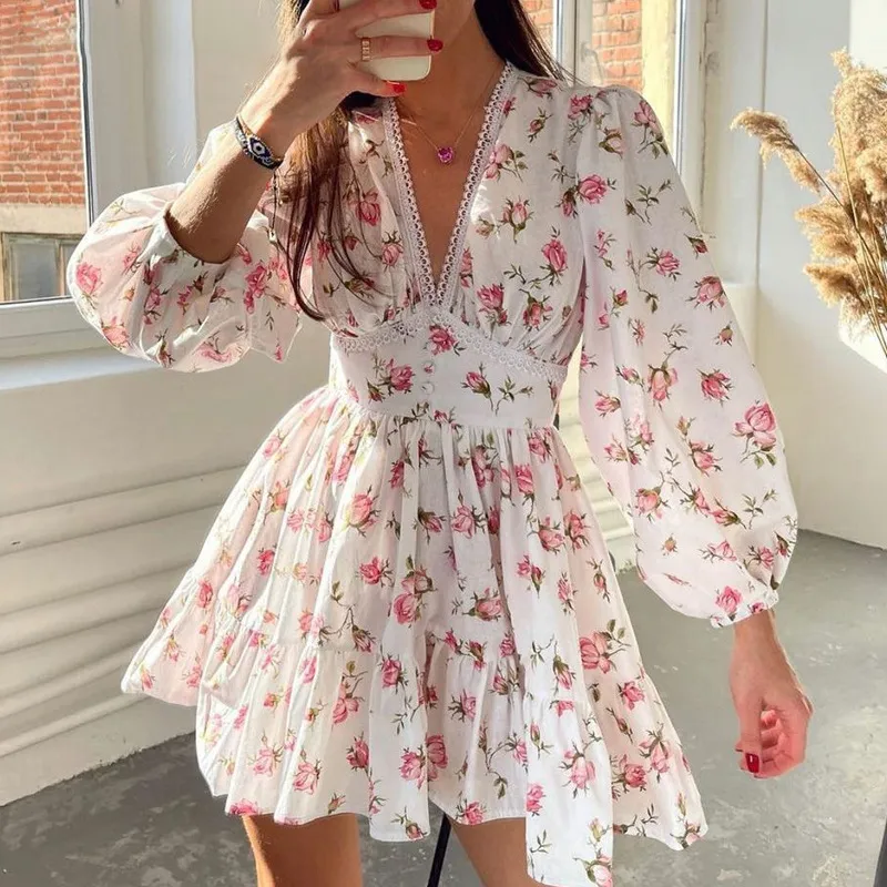 Women Casual Tiny Flower Print V-Neck Long Sleeve Princess Dress