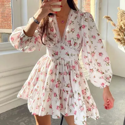 Women Casual Tiny Flower Print V-Neck Long Sleeve Princess Dress