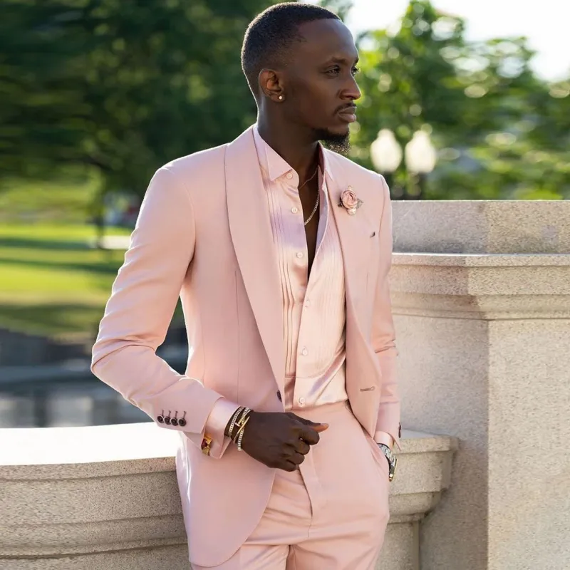 Men's Slim Fit Light Business Pink Suit Set with Flat Barge Collar