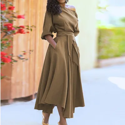 Women Casual Fashion Slant Shoulder Solid Color Large Swing Midi Dress