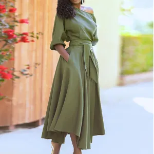 Women Casual Fashion Slant Shoulder Solid Color Large Swing Midi Dress
