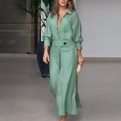 Women Casual Solid Color High Waist Long Sleeve Irregular Shirt Maxi Dress
