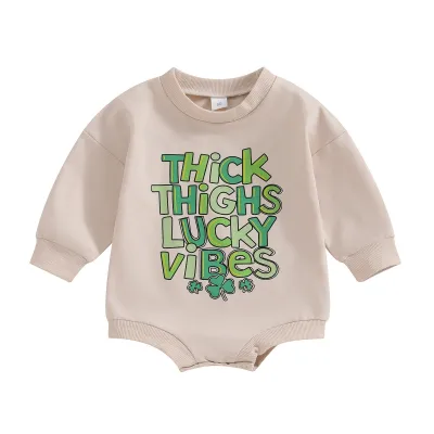 Kids Baby Boys Girls St. Patrick's Day Casual Cute Letters Four-Leaf Clover Print Long-Sleeved Round Neck Romper