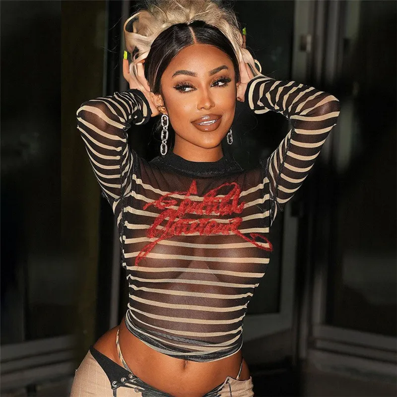 Women Fashion Sexy Perspective Mesh Letter Print Crewneck Long Sleeve Crop Top