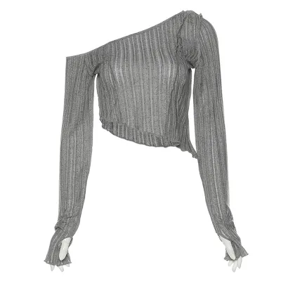 Women Sexy Oblique Shoulder Long Sleeve Crop Top
