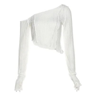 Women Sexy Oblique Shoulder Long Sleeve Crop Top