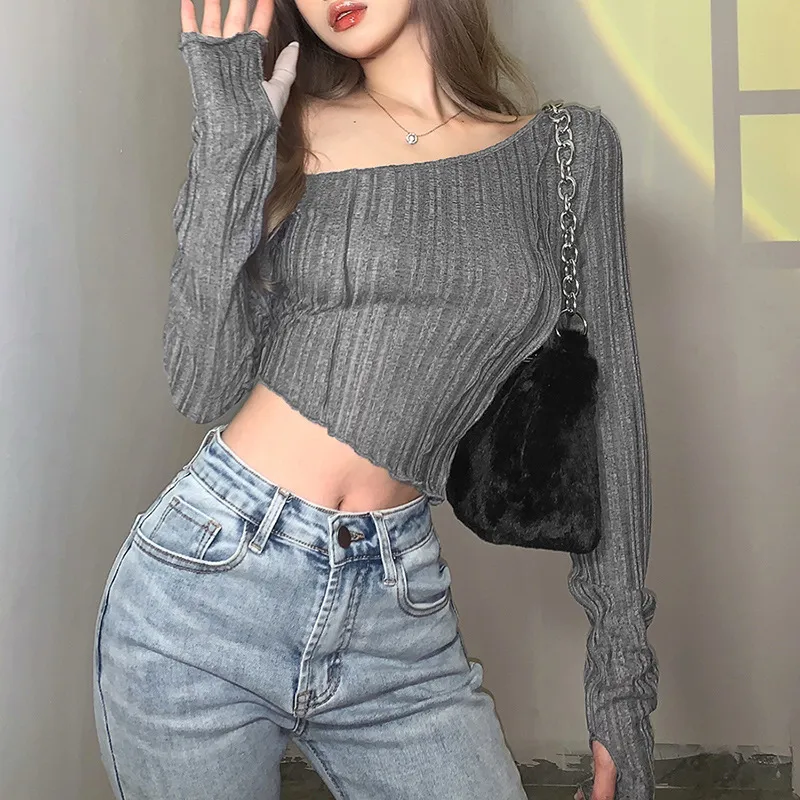 Women Sexy Oblique Shoulder Long Sleeve Crop Top