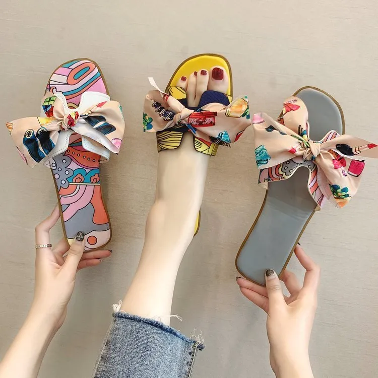 Women's Casual Ribbon Bow Round Toe Flat Slippers Plus Size