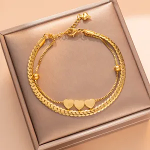 Valentine Day Women Simple Heart Beaded Double Layer Titanium Steel Bracelet