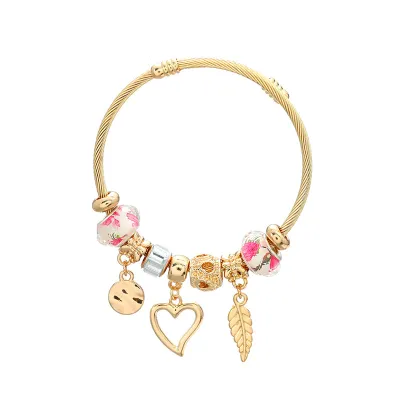 Valentine Day Women Fashion Alloy Leaf Heart Pendant Charm Bracelet