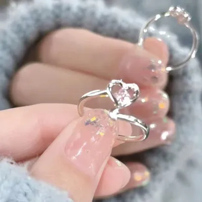 Women Fashion Creative Heart Hollow Pink Rhinestone Opening Adjustable Ring