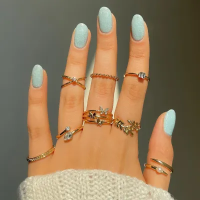 Women Simple Fashion Drop Leaf Rhinestone Pearl Rings Set 8 Piece