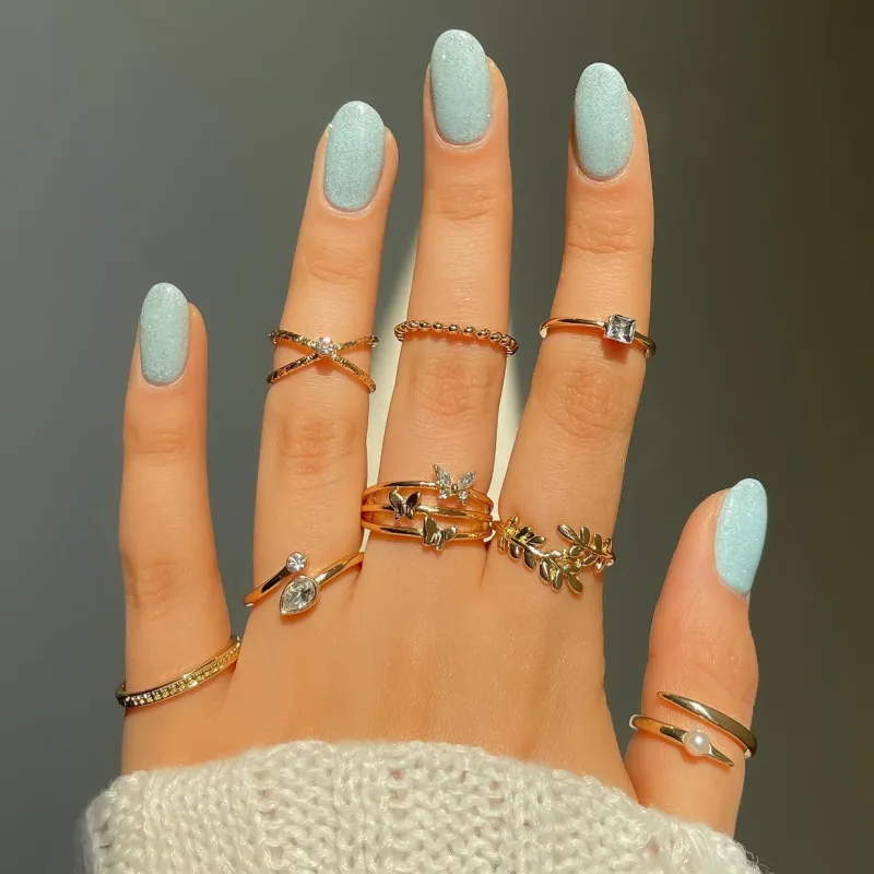 Women Simple Fashion Drop Leaf Rhinestone Pearl Rings Set 8 Piece