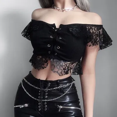 Women Fashion Sexy Gothic Off Shoulder Lace Strap Crop Blouse