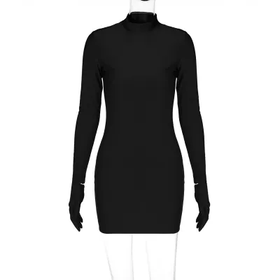Women Sexy Solid Color High Neck Long Sleeve Bodycon Dress
