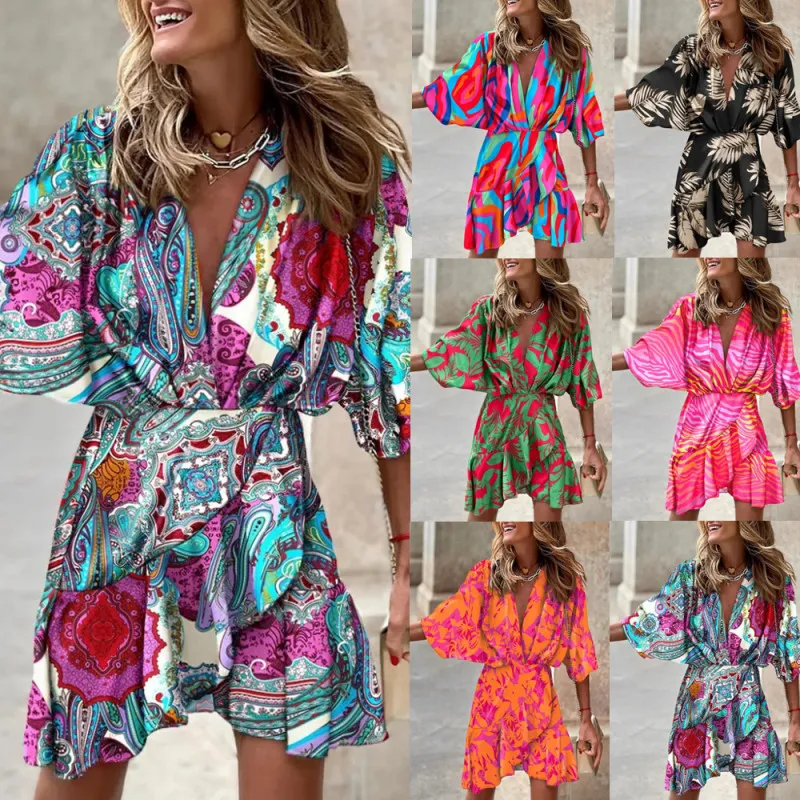 Women Fashion Office Elegant Multicolor Paisley Print Bat Sleeve V-Neck Irregular Dress