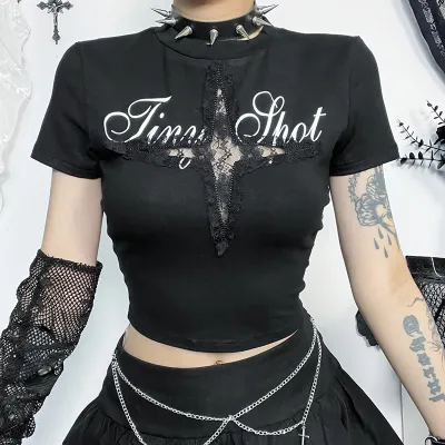 Women Dark Gothic Sexy Hollow Four Mans Star Printed Round Neck Short Sleeve Crop T-Shirt