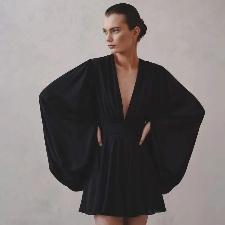 Women Fashion Solid Color V-Neck Sexy Long Sleeve A-Line Dress
