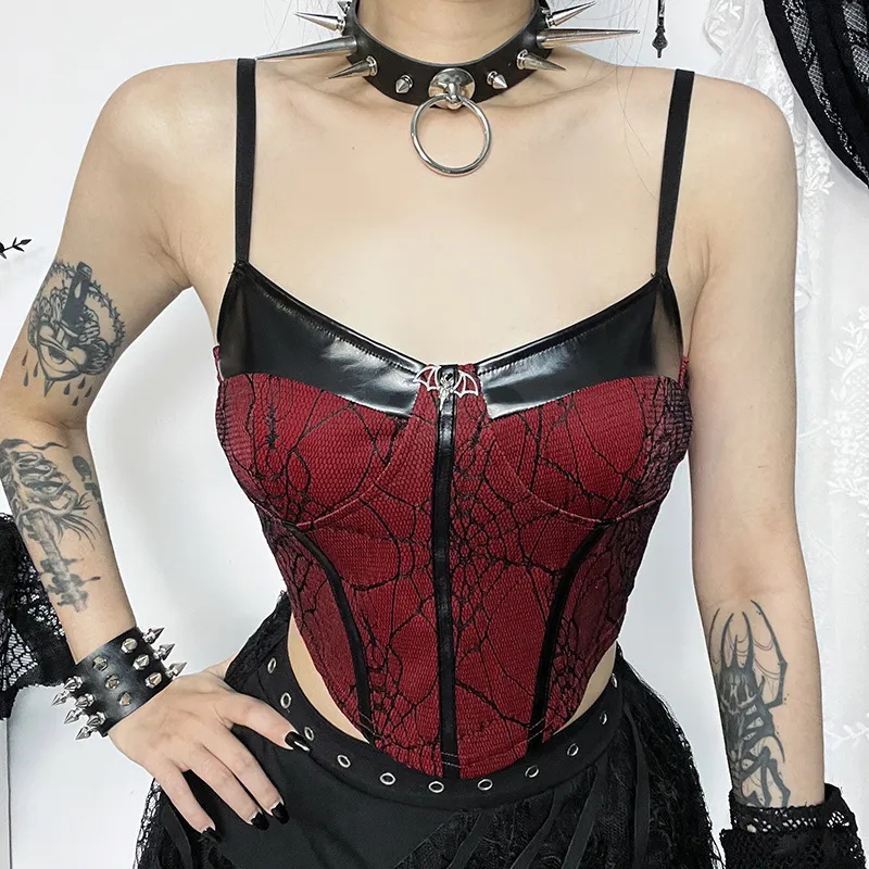 Women Sexy Gothic Leather Stitch Camisole Tank Top