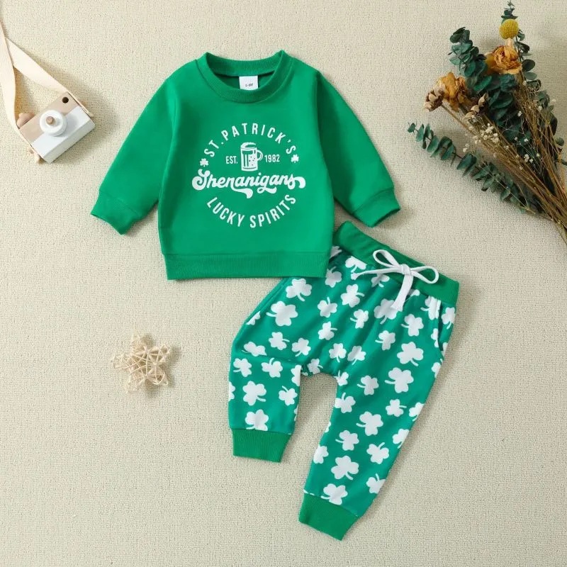 Kids Toddler Boys Girls St. Patrick's Day Casual Cute Cartoon Letters Print Long Sleeve Round Neck Sweatshirts Trousers Set