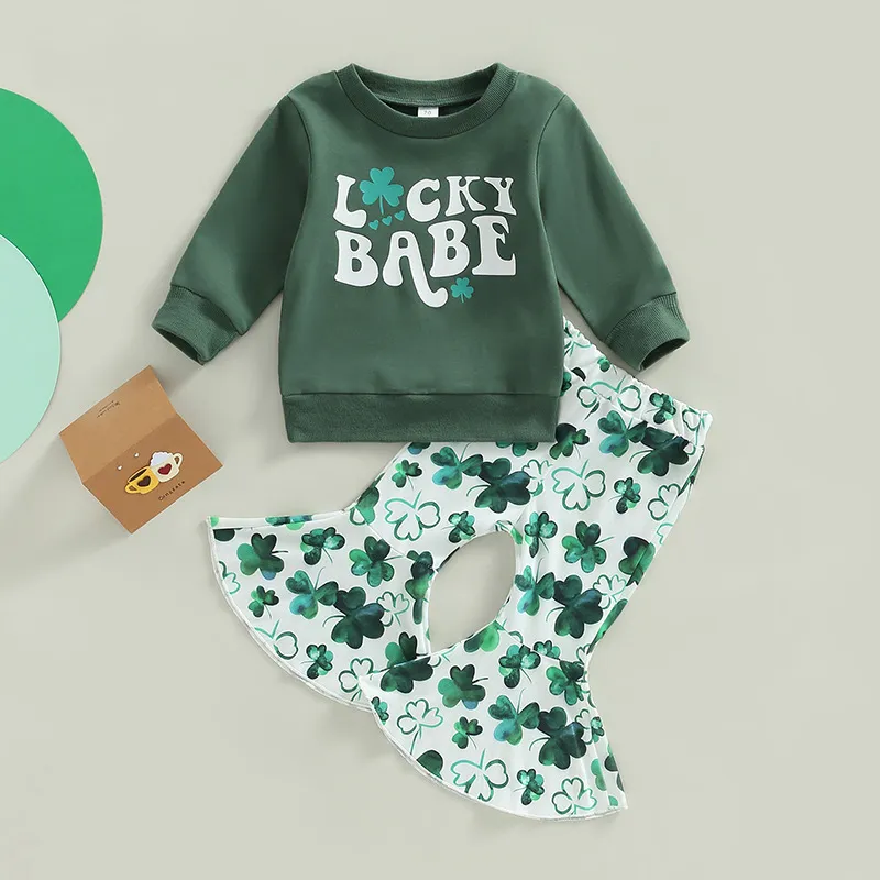 Kids Toddler Boys Girls St. Patrick's Day Cartoon Letters Print Long Sleeve Round Neck Sweatshirts Flare Trousers Set