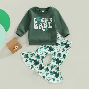 Kids Toddler Boys Girls St. Patrick's Day Cartoon Letters Print Long Sleeve Round Neck Sweatshirts Flare Trousers Set