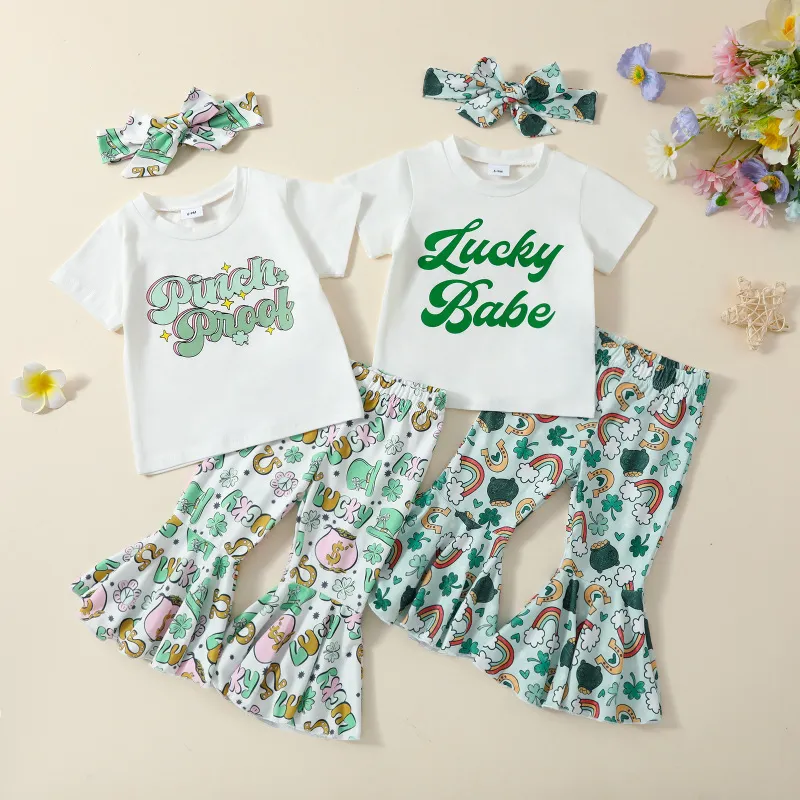 Kids Toddler Girls St. Patrick'S Day Casual Cute Cartoon Letters Print Short Sleeve Round Neck T-Shirt Flare Trousers Set
