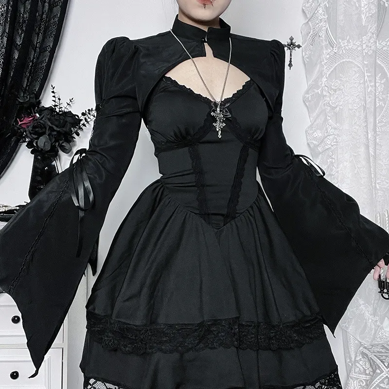 Women Gothic Slim-Fit Flare Sleeve Shawl Crop Top