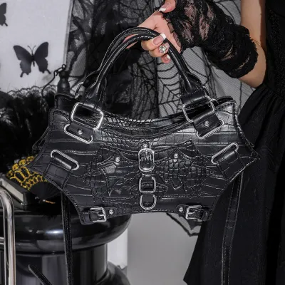 Women Gothic Bat Wing Studded Handle Crossbody Bag Medium PU