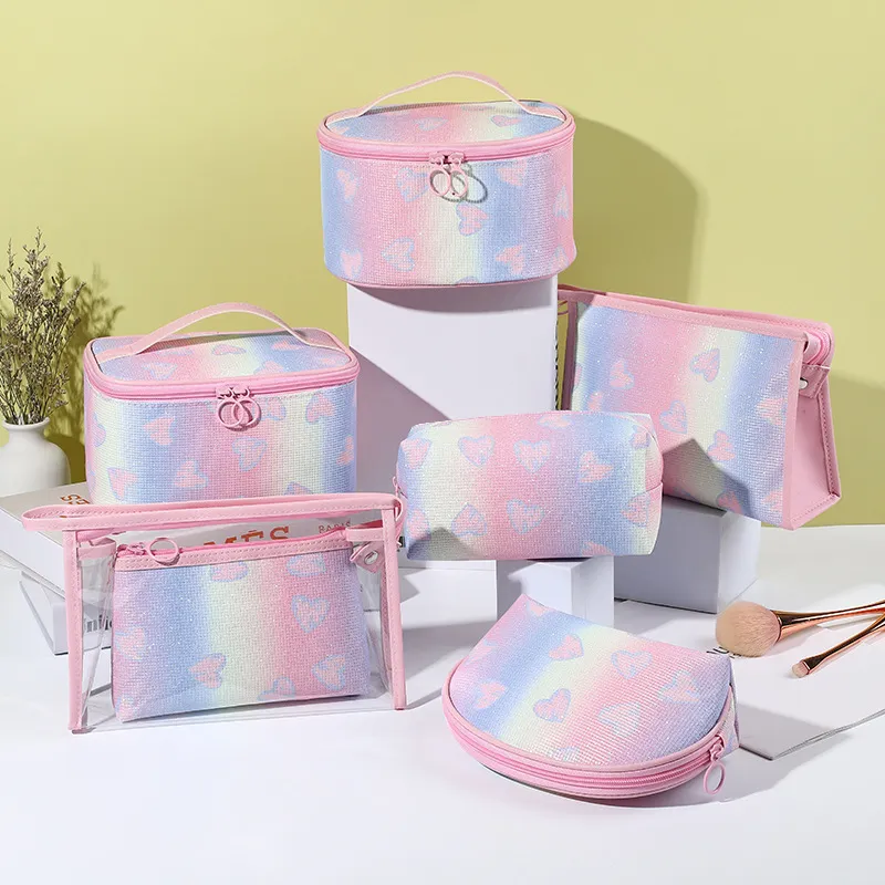 Valentine Heart Glitter Gradient Rainbow Large Capacity Travel Fitness Cosmetic Storage Bag