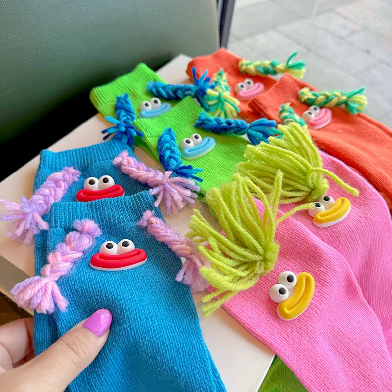 Dopamine Women Braid Sausage Mouth Ugly Doll Contrast Color Cotton Socks