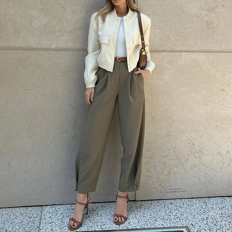 Spring Elegant Women Fashion Solid Color Loose High Waist Cropped Pants