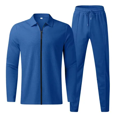 Men Fashion Casual Sports Basic Versatile Solid Color Zipper Long Sleeve Lapel Coat Trousers Set