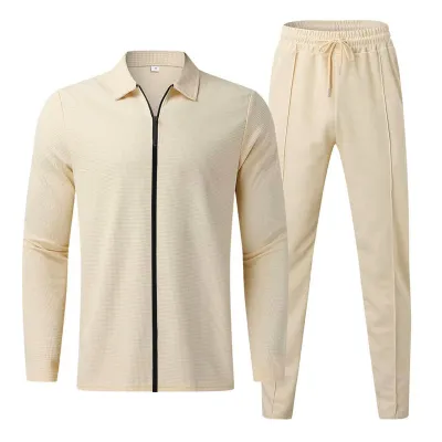 Men Fashion Casual Sports Basic Versatile Solid Color Zipper Long Sleeve Lapel Coat Trousers Set