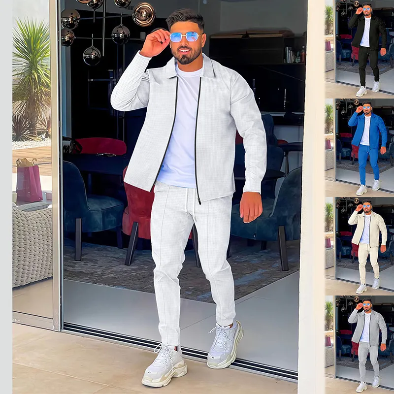 Men Fashion Casual Sports Basic Versatile Solid Color Zipper Long Sleeve Lapel Coat Trousers Set