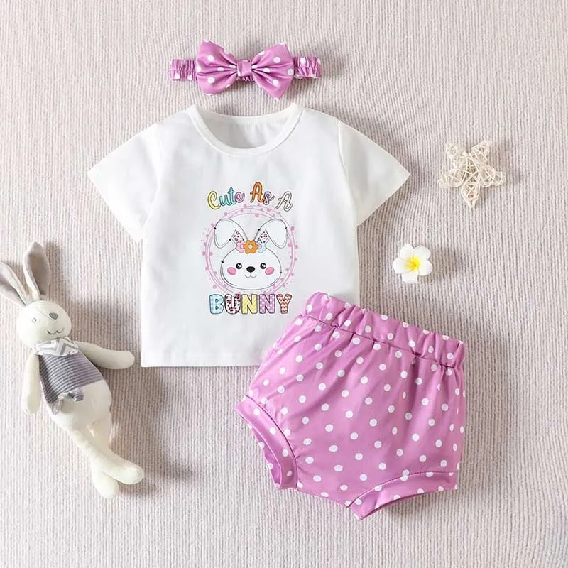 Cute Cartoon Bunny Print Chic Pink T-Shirt And Shorts Set