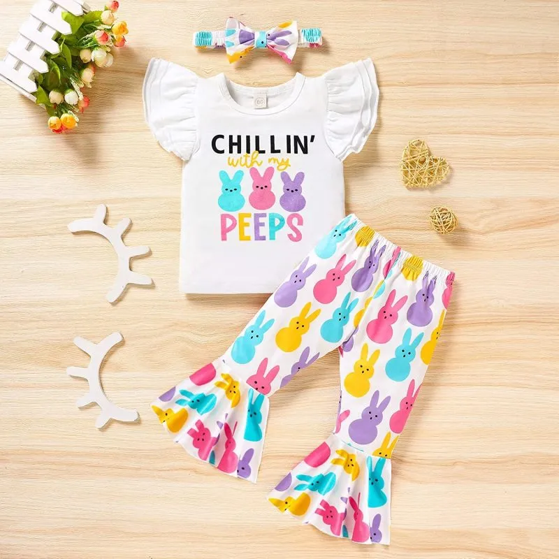 Kids Toddler Girls Casual Easter Day Cartoon Rabbit Letter Print Raglan Sleeve Round Neck T-Shirt Flare Trousers Set
