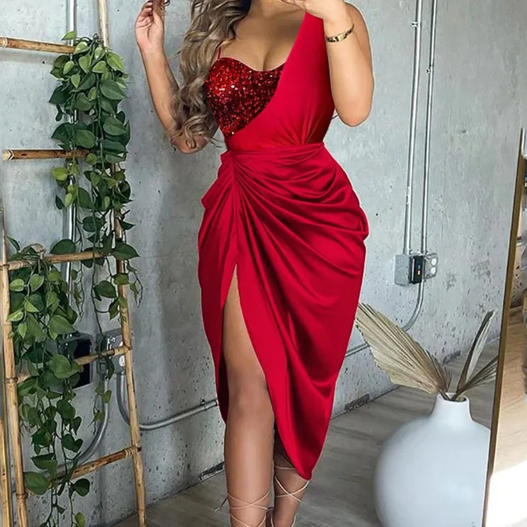 Women Sequin Irregular Sleeveless Midi Dress