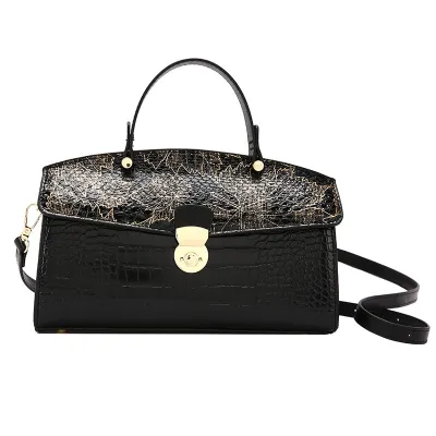 Women Fashion Colorblock Crocodile-Print Clamshell Crossbody Bag