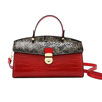 Women Fashion Colorblock Crocodile-Print Clamshell Crossbody Bag