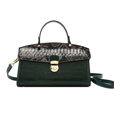Women Fashion Colorblock Crocodile-Print Clamshell Crossbody Bag
