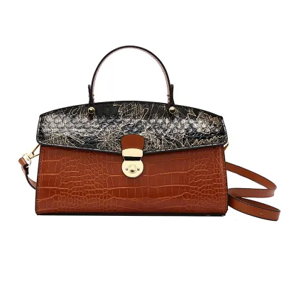 Women Fashion Colorblock Crocodile-Print Clamshell Crossbody Bag
