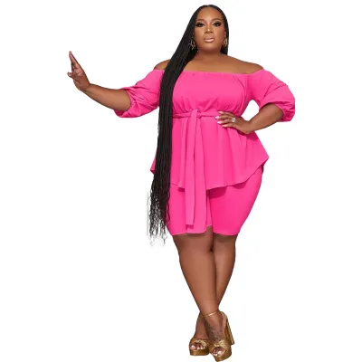 Women Casual Plus Size Off Shoulder Strap Top Bermuda Shorts Two-Piece Set