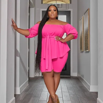 Women Fashion Casual Plus Size Off Shoulder Strap Top Shorts Two-Piece Set