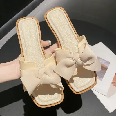 Women Casual Fashion Plus Size Bow Square Toe Flat Slippers PVC